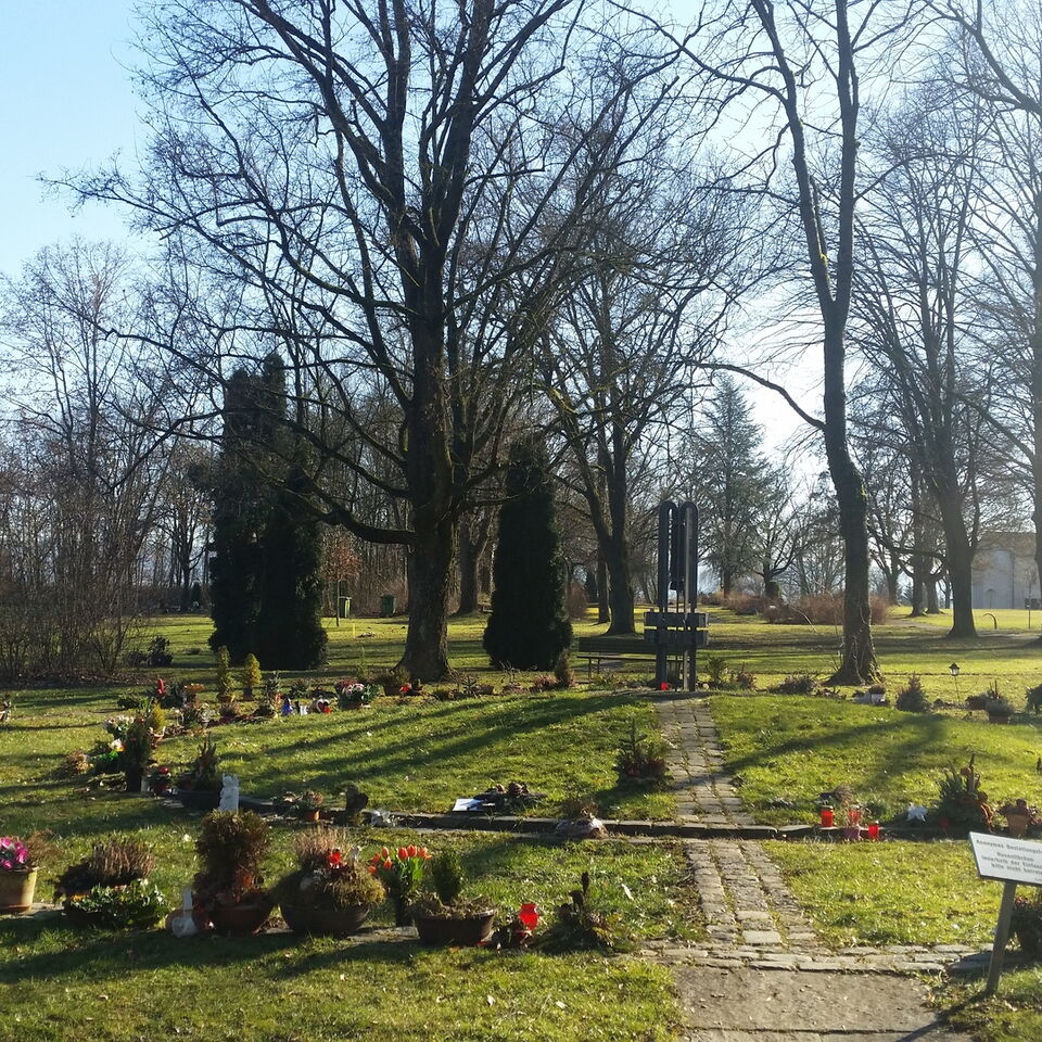 grüner Friedhof mit einigen Bäumen und Gräbern, einem Kreis angeordnet, welcher einen weiteren Gräberkreis umschließt